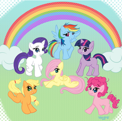 Size: 873x866 | Tagged: safe, artist:watergleam, derpibooru import, applejack, fluttershy, pinkie pie, rainbow dash, rarity, twilight sparkle, earth pony, pegasus, pony, unicorn, cloud, filly, mane six, rainbow