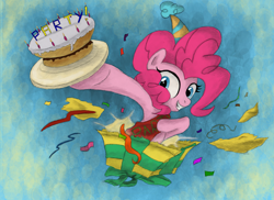 Size: 3510x2550 | Tagged: safe, artist:hewison, pinkie pie, earth pony, pony, cake, confetti, hat, high res, party hat, present, solo