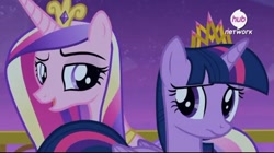 Size: 768x431 | Tagged: safe, screencap, princess cadance, twilight sparkle, twilight sparkle (alicorn), alicorn, pony, twilight's kingdom, female, hub logo, lidded eyes, mare, singing