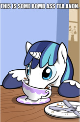 Size: 625x960 | Tagged: safe, artist:muffinshire, shining armor, oc, oc:anon, pony, unicorn, /mlp/, 4chan, bomb ass tea, cup, image macro, knife, meme, meme origin, tea