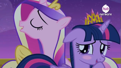 Size: 637x359 | Tagged: safe, screencap, princess cadance, twilight sparkle, twilight sparkle (alicorn), alicorn, pony, twilight's kingdom, blushing, female, hub logo, mare, out of context