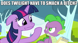 Size: 625x351 | Tagged: safe, derpibooru import, spike, twilight sparkle, dragon, angry, image macro, vulgar