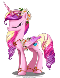 Size: 2005x2590 | Tagged: safe, artist:tiffanymarsou, part of a set, princess cadance, alicorn, pony, alternate hairstyle, colored wings, colored wingtips, eyes closed, female, flower, flower in hair, jewelry, mare, may festival, side view, simple background, solo, white background