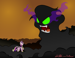 Size: 6542x5033 | Tagged: safe, artist:redapropos, king sombra, princess cadance, alicorn, pony, umbrum, absurd resolution, angry, hoof shoes, open mouth, shadow, sombra eyes