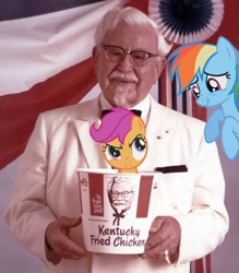 Size: 376x430 | Tagged: safe, artist:normanb88, rainbow dash, scootaloo, chicken, colonel sanders, irl, kfc, photo, ponies in real life, scootaloo is not amused, unamused