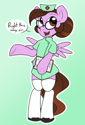 Size: 910x1334 | Tagged: safe, artist:sweetfilthyfun, oc, oc only, oc:ivy rose, pony, bipedal, clipboard, clothes, costume, dress, glasses, hair bun, hat, nurse, nurse outfit, socks, solo, stockings, thigh highs