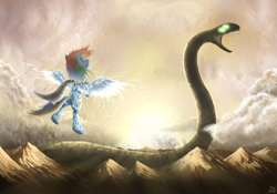 Size: 2850x2000 | Tagged: dead source, safe, artist:mlpanon, rainbow dash, pegasus, pony, snake, fanfic:it's a dangerous business going out your door, archback mountains, fanfic, female, flying, four eyes, glow, glowing eyes, high res, mare, mountain, runes, world snake