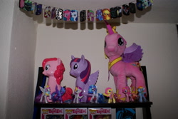 Size: 3872x2592 | Tagged: safe, pinkie pie, princess cadance, twilight sparkle, twilight sparkle (alicorn), alicorn, pony, dog tags, female, mare, mcdonald's happy meal toys, piggy bank