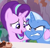 Size: 397x378 | Tagged: safe, derpibooru import, screencap, starlight glimmer, trixie, pony, student counsel, angry, cropped, cross-popping veins, cupcake, duo, floppy ears, food, hoof around neck