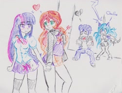 Size: 2835x2166 | Tagged: safe, artist:orochivanus, flash sentry, sunset shimmer, twilight sparkle, oc, oc:lucy, equestria girls, :3, arrow, blushing, bow (weapon), clothes, crying, cupid, female, gritted teeth, heart, heartbreak, holding hands, legs, lesbian, male, miniskirt, oh crap, shipping, skirt, socks, sunsetsparkle, thigh highs, traditional art