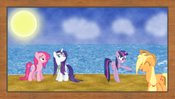 Size: 2732x1536 | Tagged: safe, artist:jamesg2498, derpibooru import, applejack, pinkie pie, rarity, twilight sparkle, earth pony, pony, unicorn, beach, vector, wallpaper, wet, wet mane, wet mane rarity