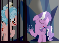 Size: 1936x1400 | Tagged: safe, artist:squipycheetah, cozy glow, diamond tiara, earth pony, pegasus, pony, school raze, bars, cage, cozybuse, darkness, disappointed, eyes closed, female, filly, foal, freckles, headcanon, hell, jewelry, offering, prisoner, raised hoof, sad, story in the source, story included, surprised, tartarus, tiara