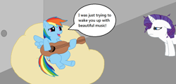 Size: 1086x520 | Tagged: safe, artist:weaselbear, rainbow dash, rarity, pegasus, pony, unicorn, female, guitar, horn, mare