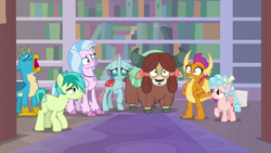Size: 1280x720 | Tagged: safe, screencap, cozy glow, gallus, ocellus, sandbar, silverstream, smolder, yona, changedling, changeling, classical hippogriff, dragon, earth pony, griffon, hippogriff, pegasus, pony, yak, what lies beneath, bookshelf, bow, cloven hooves, colored hooves, dragoness, female, filly, hair bow, jewelry, library, male, monkey swings, necklace, student six, tail bow, teenager, yawn