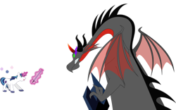 Size: 1024x638 | Tagged: safe, artist:kaylathehedgehog, king sombra, shining armor, dragon, pony, unicorn, dark magic, dragonified, duo, magic, magic aura, male, reference, simple background, sleeping beauty, sombra eyes, sombra horn, sombradragon, species swap, stallion, sword, telekinesis, transparent background, vector