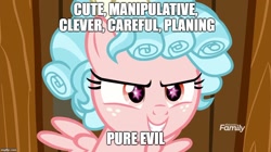 Size: 888x499 | Tagged: safe, edit, edited screencap, screencap, cozy glow, pegasus, pony, marks for effort, cozy glow's true goal, discovery family logo, element of magic, eye reflection, female, filly, grin, misspelling, op was right, pure concentrated unfiltered evil of the utmost potency, reflection, smiling, solo, wings