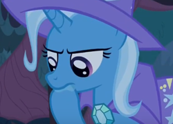 Size: 374x268 | Tagged: safe, derpibooru import, screencap, trixie, pony, unicorn, student counsel, cape, clothes, cropped, drool, female, hat, hoof in mouth, mare, solo, trixie's cape, trixie's hat