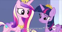 Size: 1536x813 | Tagged: safe, screencap, princess cadance, twilight sparkle, twilight sparkle (alicorn), alicorn, pony, twilight's kingdom, female, hub logo, mare, meme, youtube caption