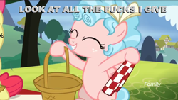 Size: 1040x586 | Tagged: safe, edit, edited screencap, screencap, apple bloom, cozy glow, pegasus, pony, marks for effort, basket, dialogue, female, filly, look at all the fucks i give, meme, smiling, text, vulgar