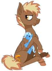 Size: 2648x3648 | Tagged: safe, artist:paskanaakka, derpibooru import, part of a set, trixie, oc, oc only, oc:firebrand, pegasus, pony, angry, chest fluff, colored hooves, commission, digital art, folded wings, hug, male, plushie, serious, serious face, simple background, sitting, solo, stallion, transparent background, wings