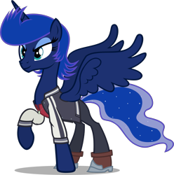 Size: 1751x1765 | Tagged: safe, artist:zacatron94, princess luna, alicorn, pony, alternate hairstyle, clothes, letterman jacket, parody, pompadour, raised hoof, simple background, solo, space dandy, transparent background, vector
