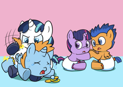 Size: 1248x883 | Tagged: safe, artist:artiecanvas, flash sentry, shining armor, twilight sparkle, unicorn twilight, oc, oc:harmony star, alicorn, pony, unicorn, abuse, adorable distress, alicorn oc, angry, crying, cute, diaper, diapered foals, female, flashlight, foal, foal abuse, hitting, male, pacifier, scared, shipping, spanking, straight, this ended in tears, twimony
