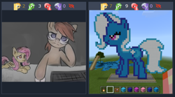 Size: 481x268 | Tagged: safe, derpibooru import, fluttershy, trixie, bat pony, bat ponified, derpibooru, flutterbat, juxtaposition, juxtaposition win, meme, meta, minecraft, race swap