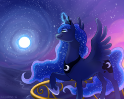 Size: 1250x1000 | Tagged: safe, artist:kallarmo, princess luna, alicorn, pony, magic, moon, moonrise, night, raised hoof, solo, spread wings