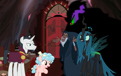 Size: 1024x640 | Tagged: safe, artist:nukarulesthehouse1, artist:parclytaxel, derpibooru import, chancellor neighsay, cozy glow, king sombra, lord tirek, queen chrysalis, centaur, changeling, changeling queen, pegasus, pony, unicorn, cloak, clothes, door, female, filly, foal, hilarious in hindsight, legion of doom, male, stallion, villain teamup