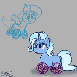 Size: 1700x1700 | Tagged: safe, artist:binkyt11, derpibooru import, trixie, original species, pony, unicorn, atg 2019, female, gray background, mare, newbie artist training grounds, nyoom, simple background, solo, species swap, wheelpone, wheels trixie