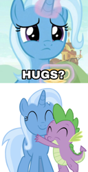Size: 840x1636 | Tagged: safe, derpibooru import, edit, edited screencap, editor:undeadponysoldier, screencap, spike, trixie, dragon, comic, female, hug, male, shipping, spikelove, spixie, straight, text