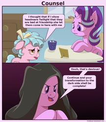 Size: 1330x1540 | Tagged: safe, artist:frenkieart, cozy glow, starlight glimmer, pegasus, pony, unicorn, marks for effort, comic, emperor palpatine, female, filly, hilarious in hindsight, mare, scene interpretation, sith, speech bubble, star wars