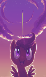 Size: 591x1000 | Tagged: dead source, safe, artist:anjila, rainbow dash, scootaloo, pegasus, pony, cloud, cloudy, female, filly, flying, open mouth, scenery, sky, solo focus