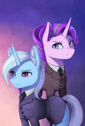 Size: 1422x2100 | Tagged: safe, artist:mrscroup, derpibooru import, starlight glimmer, trixie, pony, unicorn, equestria at war mod, clothes, duo, duo female, female, looking at you, mare, necktie, serious, serious face, suit