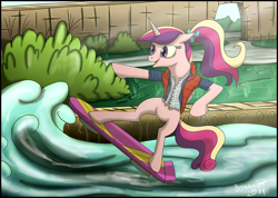 Size: 1200x854 | Tagged: safe, artist:bonaxor, princess cadance, alicorn, pony, back to the future, back to the future part 2, bipedal, crossover, hoverboard, solo, surfing