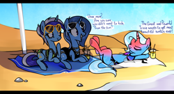 Size: 2500x1350 | Tagged: safe, artist:anyazen, derpibooru import, minuette, trixie, oc, oc:twinkle mint, pony, unicorn, beach, beach towel, beach umbrella, bikini, braces, clothes, commission, drink, eyes closed, family, female, food, glass, icey-verse, juice, lemonade, lesbian, magical lesbian spawn, mare, minixie, mother and child, mother and daughter, ocean, offspring, on back, orange, ouch, parent and child, parent:minuette, parent:trixie, parents:minixie, sand, shipping, straw, sunburn, sunglasses, swimsuit, towel, umbrella, water