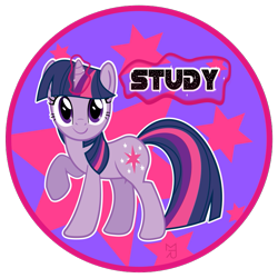 Size: 735x735 | Tagged: safe, artist:zobe, derpibooru import, twilight sparkle, pony, unicorn, abstract background, female, glowing horn, horn, looking at you, mare, raised hoof, round, smiling, solo, standing, study