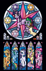 Size: 1024x1583 | Tagged: safe, artist:nenuiel, derpibooru import, applejack, fluttershy, pinkie pie, rainbow dash, rarity, spike, twilight sparkle, dragon, earth pony, pegasus, pony, unicorn, mane seven, mane six, stained glass