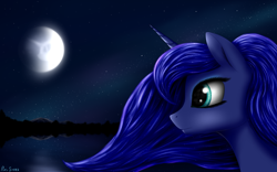 Size: 3200x2000 | Tagged: safe, artist:pony-stark, princess luna, alicorn, pony, bust, eyeshadow, female, galaxy, makeup, mare, mare in the moon, missing accessory, moon, night, outdoors, portrait, profile, reflection, signature, sky, solo, stars, water