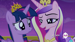 Size: 1920x1080 | Tagged: safe, screencap, princess cadance, twilight sparkle, twilight sparkle (alicorn), alicorn, pony, female, hub logo, mare