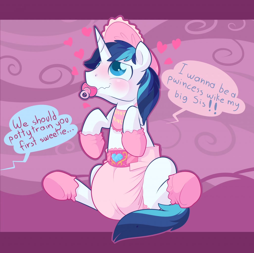 516766 - questionable, artist:cuddlehooves, shining armor, pony, unicorn,  adult foal, bib, blushing, bonnet, booties, cutie mark diapers, diaper,  diaper fetish, heart, pacifier, poofy diaper, sissy - Ponybooru