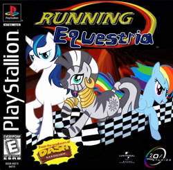 Size: 2000x1963 | Tagged: safe, artist:nickyv917, rainbow dash, shining armor, zecora, pegasus, pony, unicorn, zebra, playstation, running, video game cover