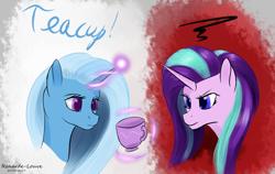 Size: 1072x678 | Tagged: safe, artist:renarde-louve, derpibooru import, starlight glimmer, trixie, pony, unicorn, all bottled up, bust, glowing horn, horn, magic, telekinesis