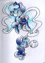 Size: 1434x2004 | Tagged: safe, artist:cutepencilcase, princess luna, alicorn, pony, chibi, magic, moon, solo, traditional art