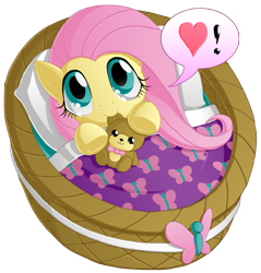 Size: 937x980 | Tagged: safe, artist:berrypawnch, derpibooru import, fluttershy, pegasus, pony, basket, berrypawnch is trying to murder us, cute, female, filly, heart, nom, shyabetes, solo, teddy bear, weapons-grade cute