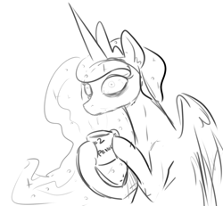 Size: 1192x1102 | Tagged: safe, artist:nobody, princess luna, alicorn, pony, bloodshot eyes, coffee, drool, food, frown, hoof hold, monochrome, mug, sketch, solo, tired, wide eyes