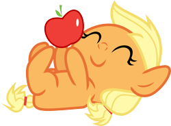 Size: 2992x2198 | Tagged: safe, artist:iscord, derpibooru import, applejack, earth pony, pony, apple, baby, baby pony, babyjack, behaving like a cat, cute, eyes closed, happy, jackabetes, on back, playing, simple background, smiling, solo, transparent background, vector, weapons-grade cute