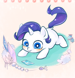 Size: 950x980 | Tagged: safe, artist:mirululu, derpibooru import, rarity, pony, unicorn, baby, baby pony, blushing, cute, diabetes, eyes on the prize, gem, jewelry, pearl, prone, raribetes, smiling, solo, string, weapons-grade cute, younger