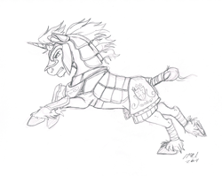 Size: 1190x947 | Tagged: safe, artist:carnivorouscaribou, shining armor, pony, unicorn, armor, monochrome, running, solo, tail wrap, traditional art