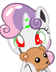 Size: 709x911 | Tagged: safe, artist:dtavs.exe, edit, sweetie belle, sweetie bot, pony, robot, robot pony, unicorn, cute, diasweetes, female, filly, foal, horn, red eyes, simple background, solo, teddy bear, transparent background, weapons-grade cute